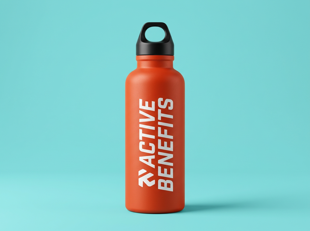 Orange vattenflaska med Active Benefits-logotyp
